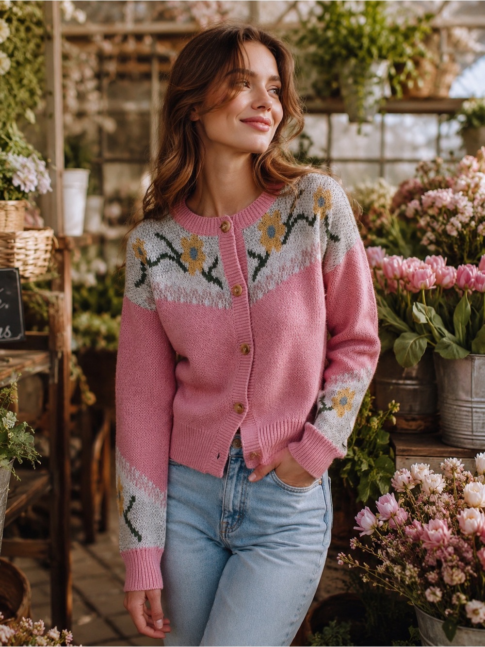 Le Lis Collection Pink Floral Knit Button Cardigan Size Medium